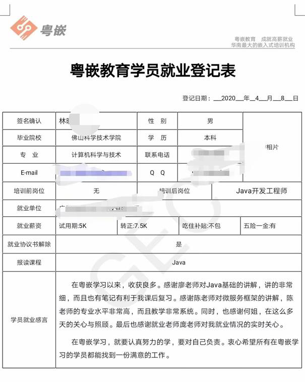 粤嵌科技Java学员：疫情之下，我拿到了月薪7.5K的offer